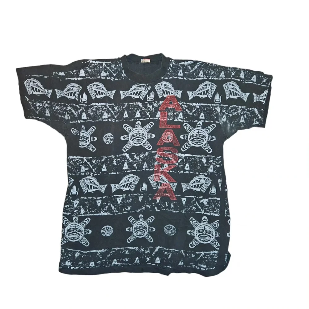 Vintage 90s Alaska Tribal Fish and Sun All Over Print Single Stitch Shirt XL - Picture 1 of 6